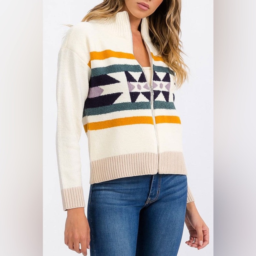 Hem and Thread Western Tribal Earth Tone Zip Up long Sleeve Heavy Jacket Large